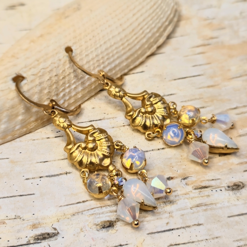 Victorian Opalite & Milky White Crystal Gold Plated Chandelier Art Deco Earrings